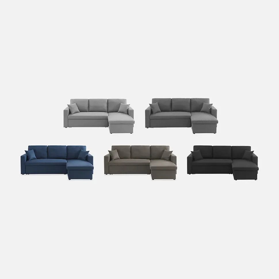Canapé d'angle convertible en tissu noir - IDA - 3 places. fauteuil d'angle réversible coffre rangement lit modulable
