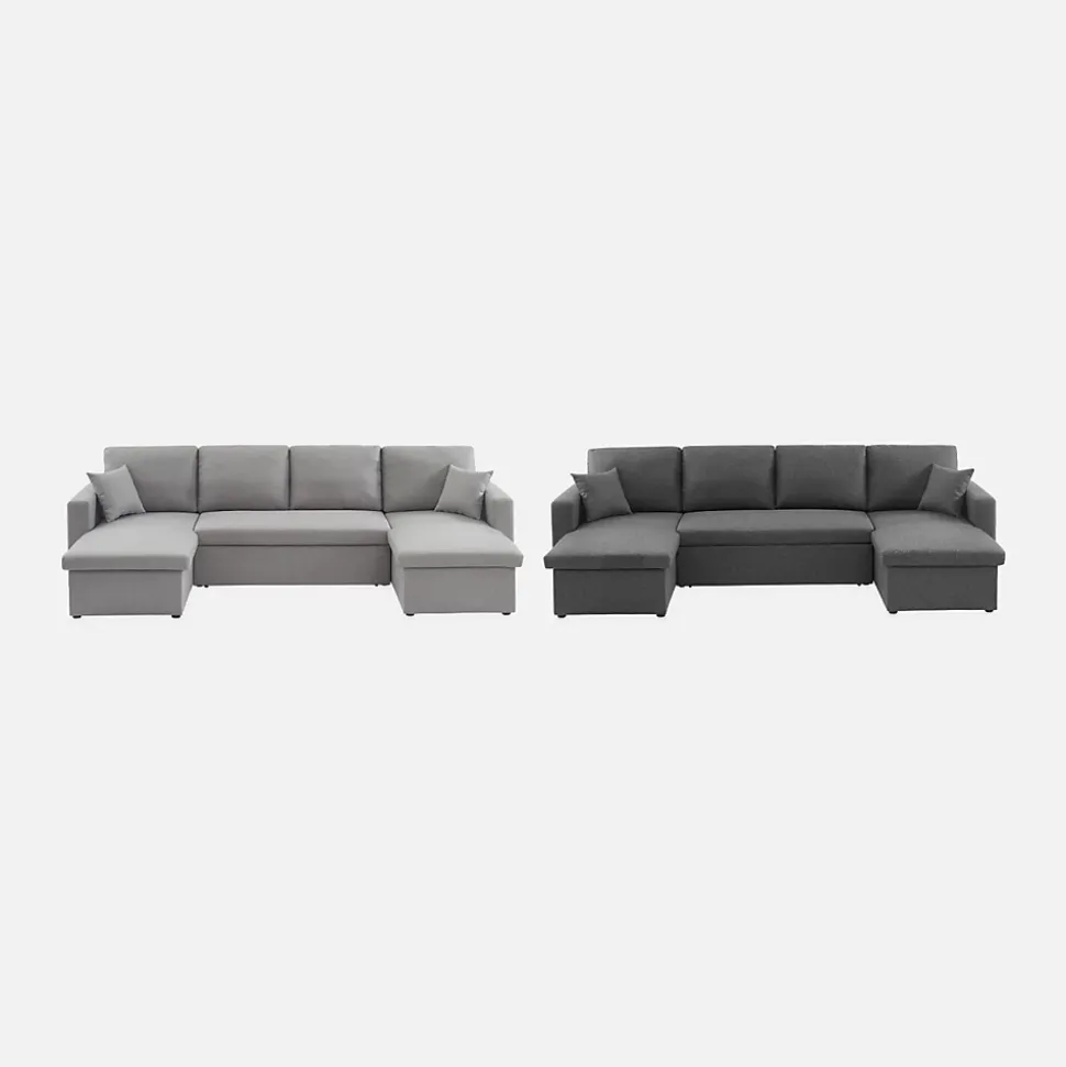 Canapé panoramique convertible en tissu gris foncé. 4 places. coffre rangement. lit modulable