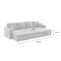 Canapé panoramique convertible en tissu gris foncé. 4 places. coffre rangement. lit modulable