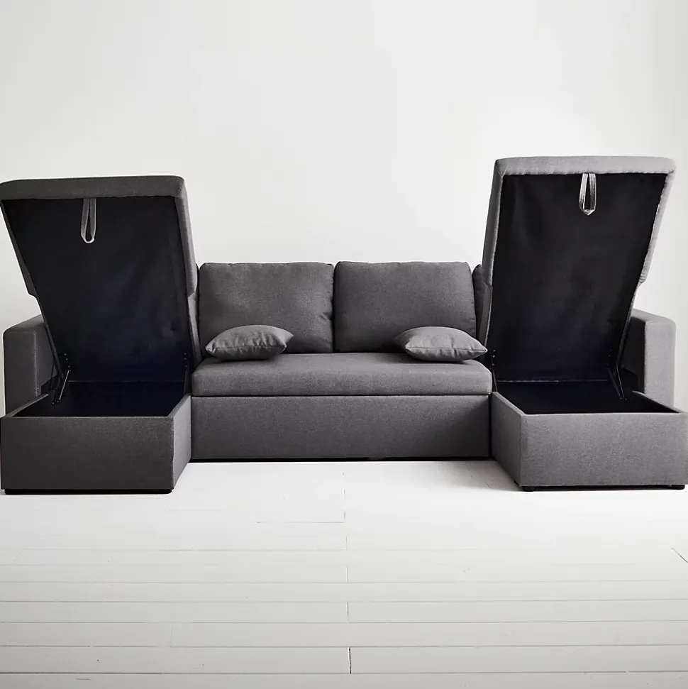 Canapé panoramique convertible en tissu gris foncé. 4 places. coffre rangement. lit modulable