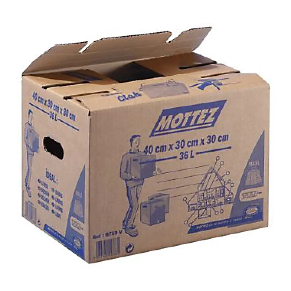 Carton de déménagement avec poignées 20 kg Mottez H. 30 x L. 40 x l. 30 cm, capacité 36 L