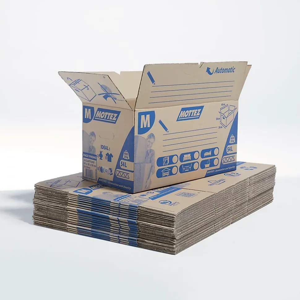 Carton de déménagement avec poignées 20 kg Mottez H. 30 x L. 60 x l. 30 cm, capacité 54 L vendu par 20 pièces