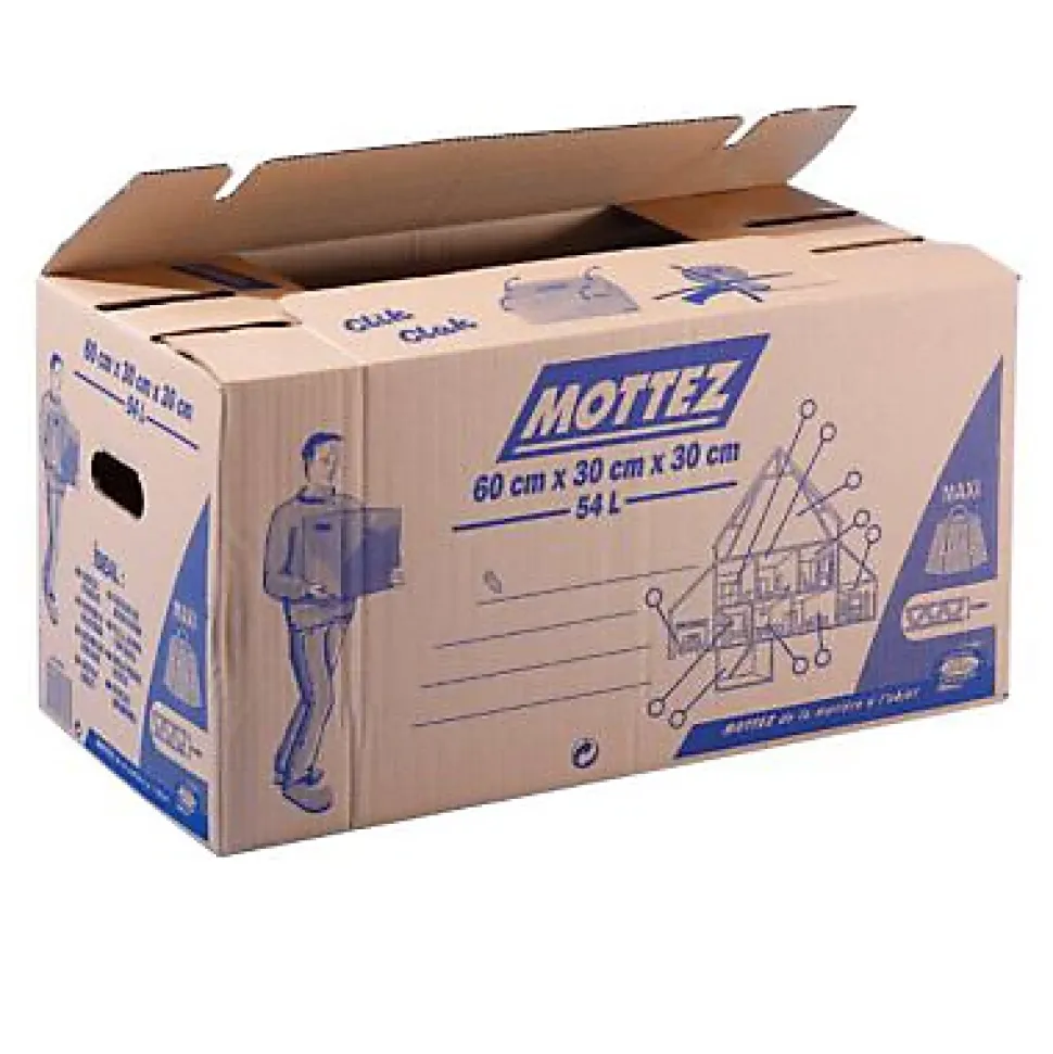 Carton de déménagement avec poignées 20 kg Mottez H. 30 x L. 60 x l. 30 cm, capacité 54 L vendu par 20 pièces