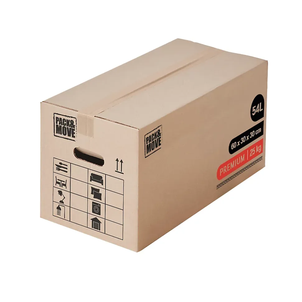 Carton de déménagement vendu par 10 premium avec poignées H. 30 x L. 60 x l. 30 cm, double cannelure , capacité 54 L Pack and Move