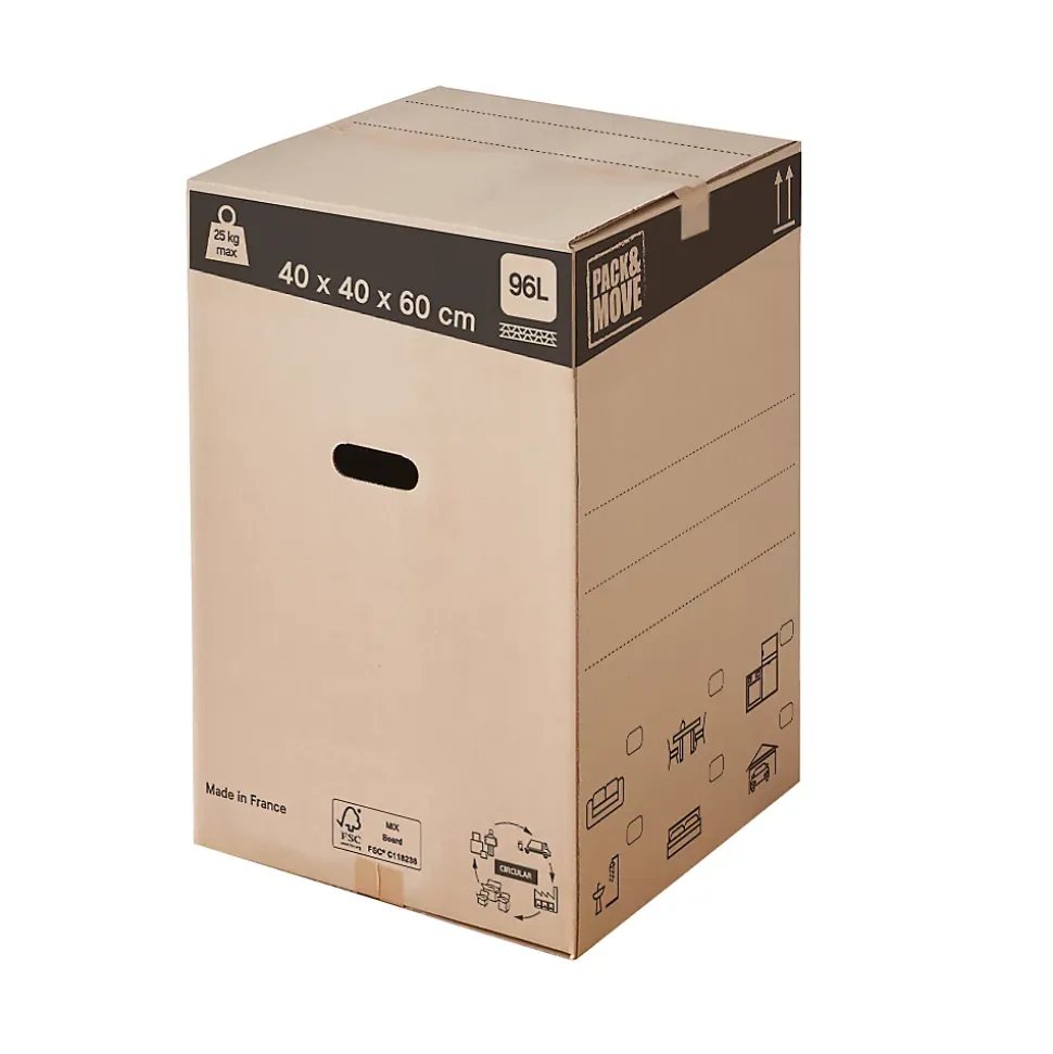 Carton déménagement large avec poignées H. 40 x L. 60 x l. 40 cm, capacité 96 L Pack and Move vendu par 20 pièces