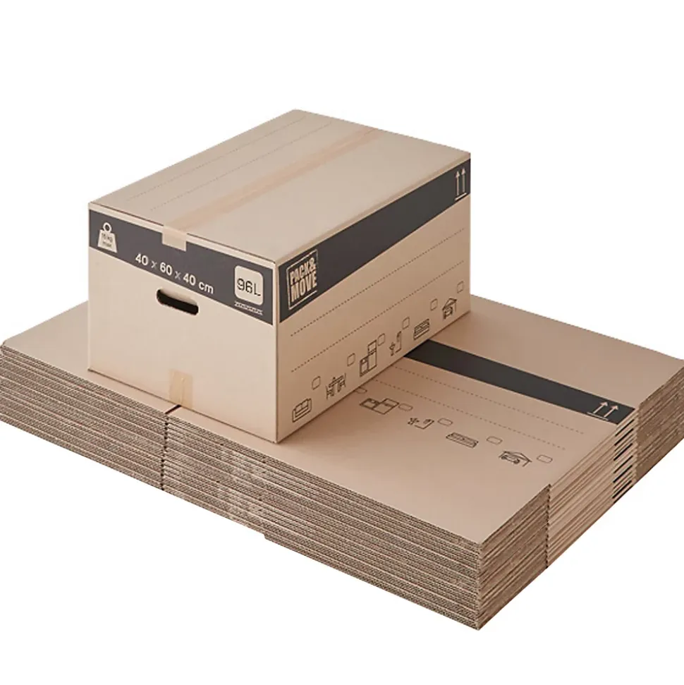 Carton déménagement large avec poignées H. 40 x L. 60 x l. 40 cm, capacité 96 L Pack and Move vendu par 20 pièces