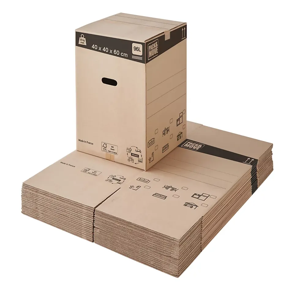 Carton déménagement large avec poignées H. 40 x L. 60 x l. 40 cm, capacité 96 L Pack and Move vendu par 20 pièces