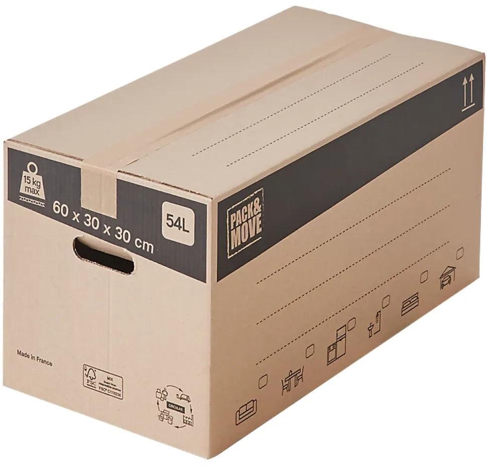 Carton déménagement livre avec poignées H. 30 x L. 60 x l. 30 cm, capacité 54 L Pack and Move vendu par 20 pièces