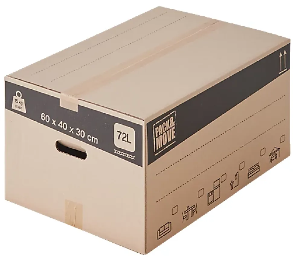 Carton déménagement standard avec poignées H. 30 x L. 60 x l. 40 cm, capacité 72 L Pack and Move vendu par 20 pièces
