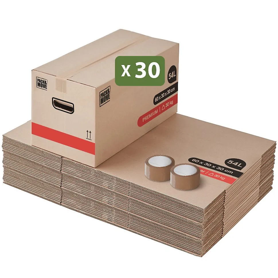 Cartons déménagement premium 54L (60 x 30 x 30 cm) et adhésifs offerts