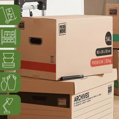 Cartons déménagement premium 54L (60 x 30 x 30 cm) et adhésifs offerts