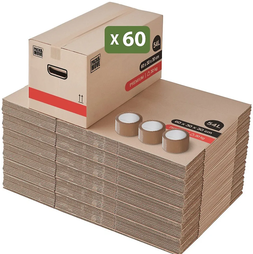 Cartons déménagement premium 54L (60 x 30 x 30 cm) et adhésifs offerts