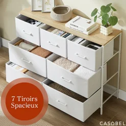 CASABEL Commode 7 tiroirs cadre metal blanc et plateau en bois meuble de rangement 100x30x75 cm pratique et polyvalente