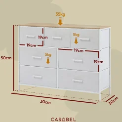 CASABEL Commode 7 tiroirs cadre metal blanc et plateau en bois meuble de rangement 100x30x75 cm pratique et polyvalente