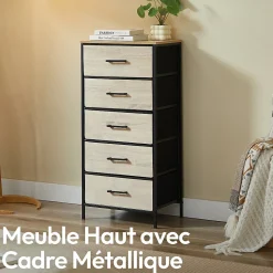 CASABEL Commode haute 5 tiroirs en tissu rigide metal noir et bois 45x30x94 cm ideale pour chambre salon ou entree