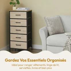 CASABEL Commode haute 5 tiroirs en tissu rigide metal noir et bois 45x30x94 cm ideale pour chambre salon ou entree