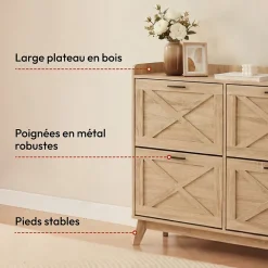 CASABEL Meuble à Chaussures 4 Abattants, Façades à motif croix, Bois, Grande Capacité 24 Paires, Meuble Entrée Compact