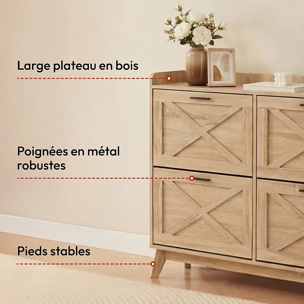 CASABEL Meuble à Chaussures 4 Abattants, Façades à motif croix, Bois, Grande Capacité 24 Paires, Meuble Entrée Compact