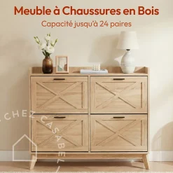 CASABEL Meuble à Chaussures 4 Abattants, Façades à motif croix, Bois, Grande Capacité 24 Paires, Meuble Entrée Compact
