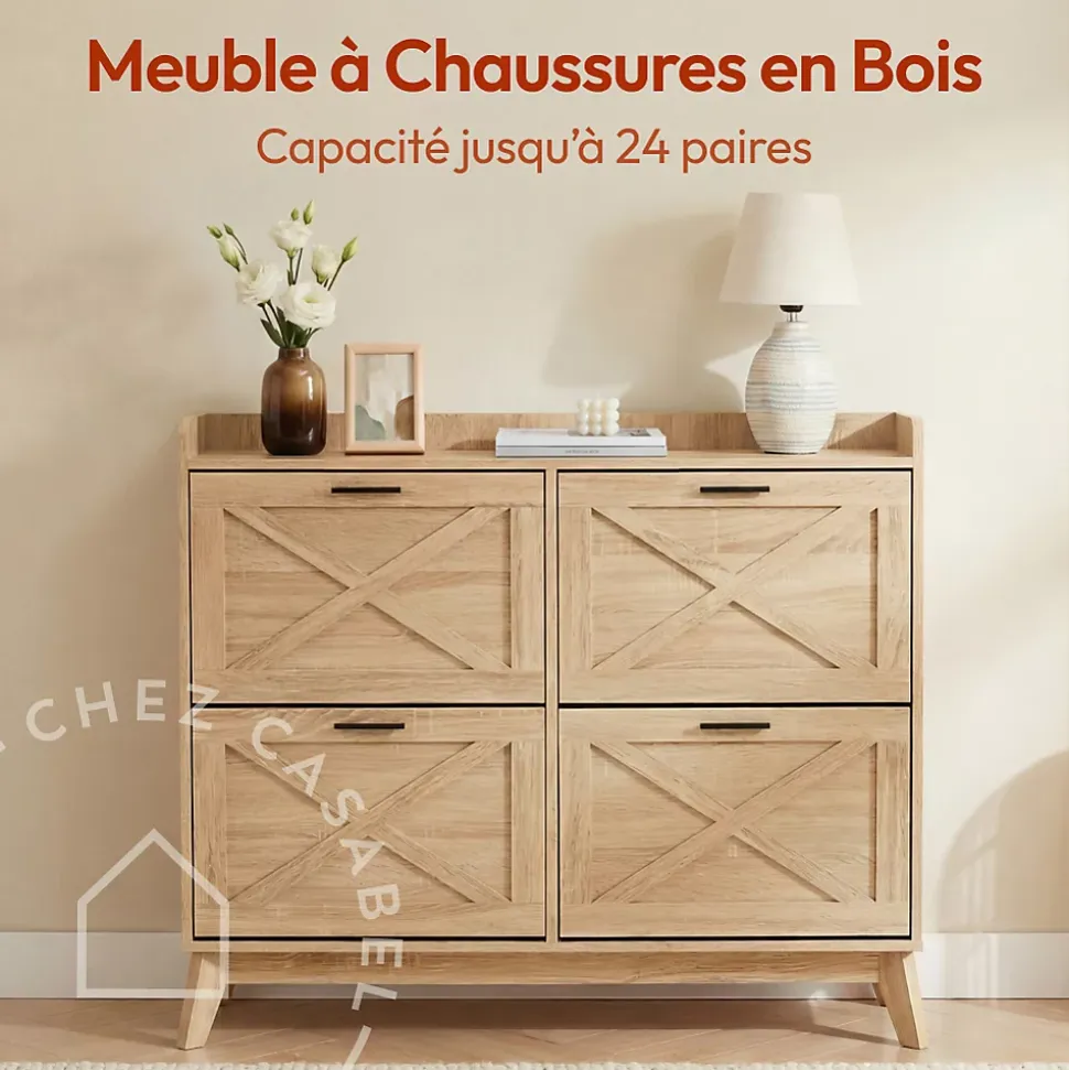 CASABEL Meuble à Chaussures 4 Abattants, Façades à motif croix, Bois, Grande Capacité 24 Paires, Meuble Entrée Compact