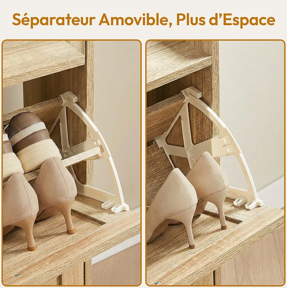 CASABEL Meuble à Chaussures 4 Abattants, Façades à motif croix, Bois, Grande Capacité 24 Paires, Meuble Entrée Compact