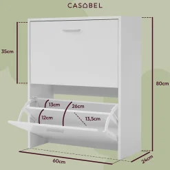 CASABEL Meuble à Chaussures Moderne 2 Abattants - Rangement Chaussures 12 Paires - Blanc - Meuble en Bois Composite