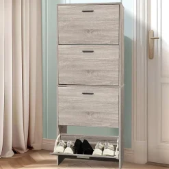 CASABEL Meuble de Rangement à Chaussure 24 Paires - Armoire Etagere Grande Capacité pour Entrée - L60xP24xH150 cm - Bois Clair