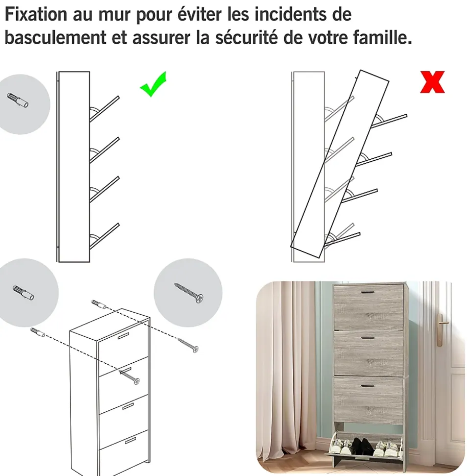 CASABEL Meuble de Rangement à Chaussure 24 Paires - Armoire Etagere Grande Capacité pour Entrée - L60xP24xH150 cm - Bois Clair