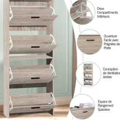 CASABEL Meuble de Rangement à Chaussure 24 Paires - Armoire Etagere Grande Capacité pour Entrée - L60xP24xH150 cm - Bois Clair