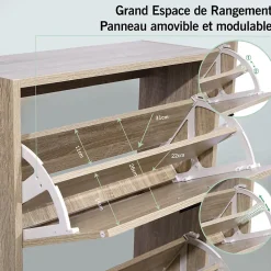 CASABEL Meuble de Rangement à Chaussure 24 Paires - Armoire Etagere Grande Capacité pour Entrée - L60xP24xH150 cm - Bois Clair