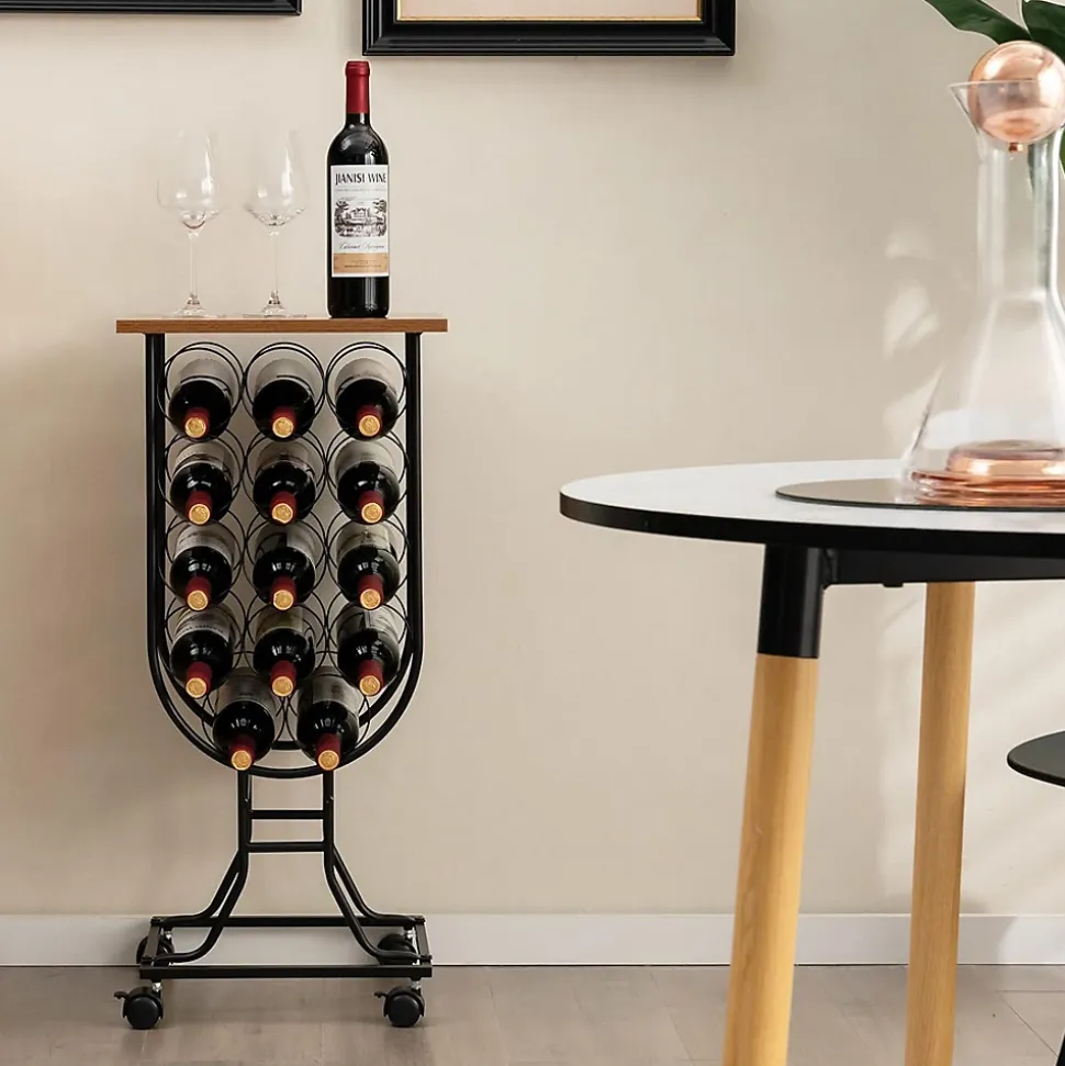 Casier à Vin 14 Bouteilles avec Roues Organisateur de Rangement de Vin Mobile avec Cadre Métallique Plateau en Bois Noir