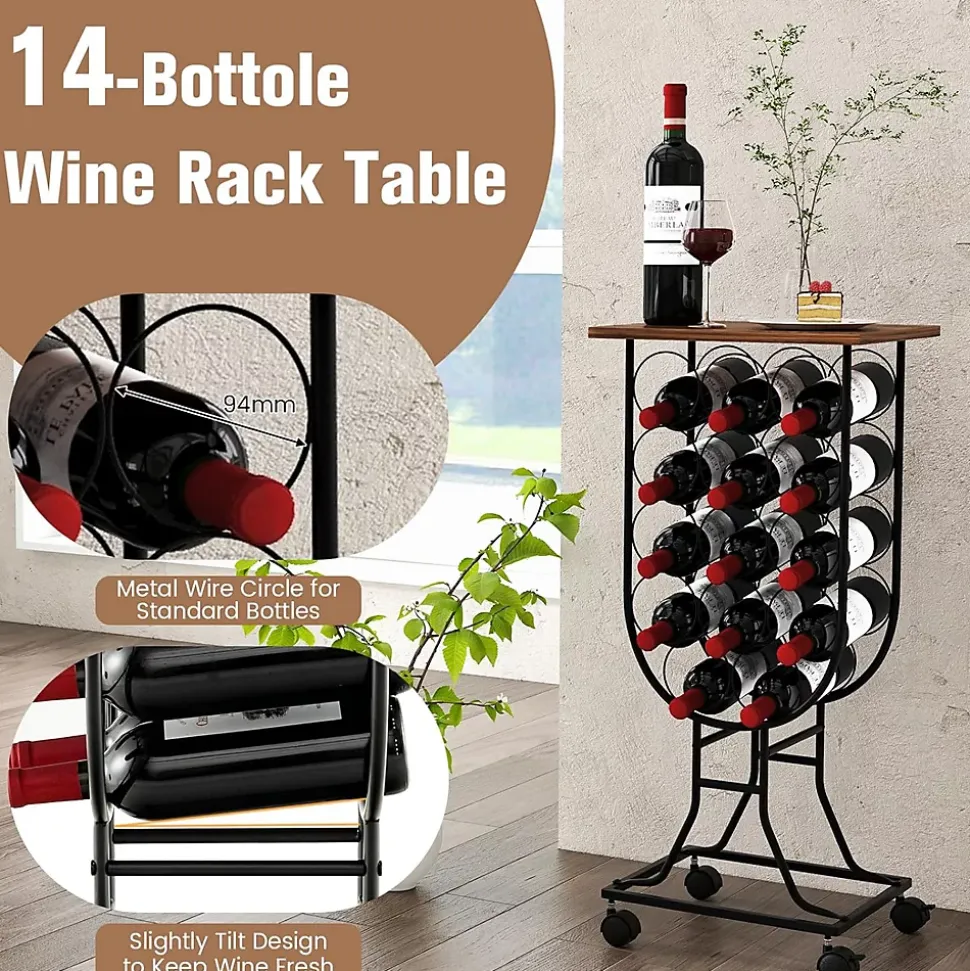 Casier à Vin 14 Bouteilles avec Roues Organisateur de Rangement de Vin Mobile avec Cadre Métallique Plateau en Bois Noir