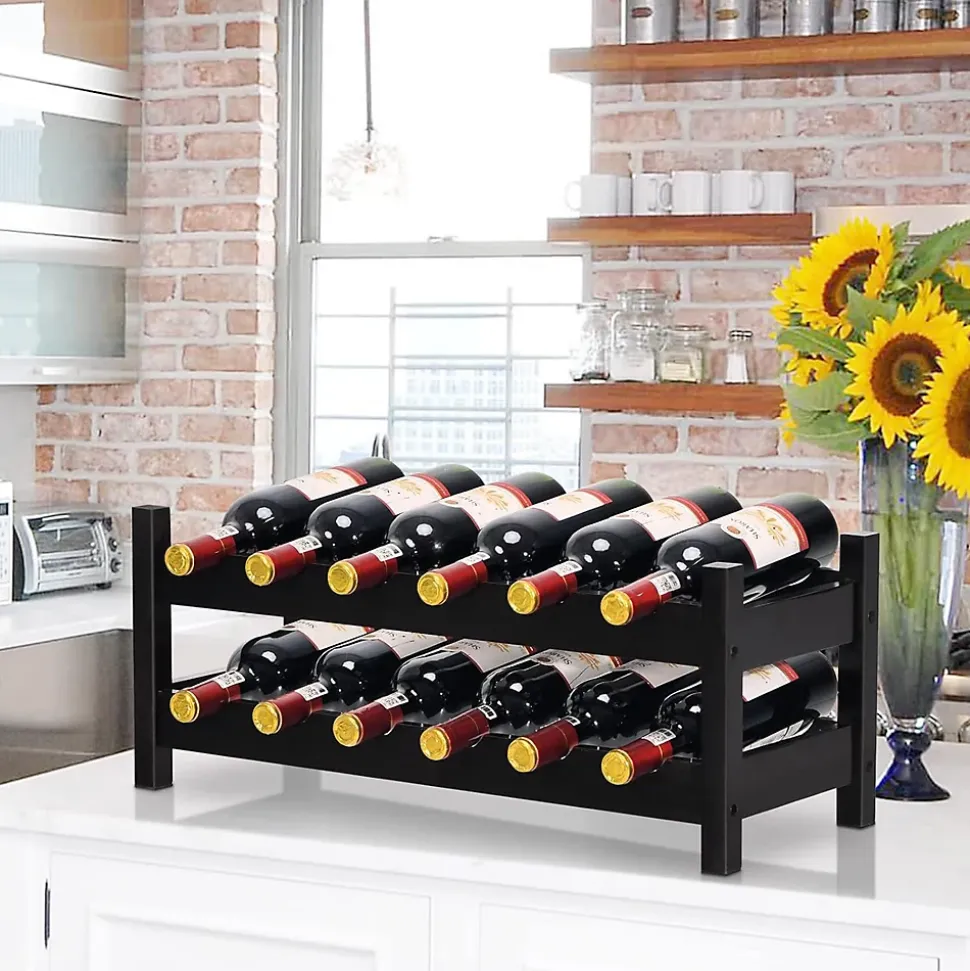 Casier à Vin avec 12 Bouteilles étagère à Vin en Bambou Armoire de Rangement pour à Vin 12 Bouteilles avec 2 Niveaux Marron