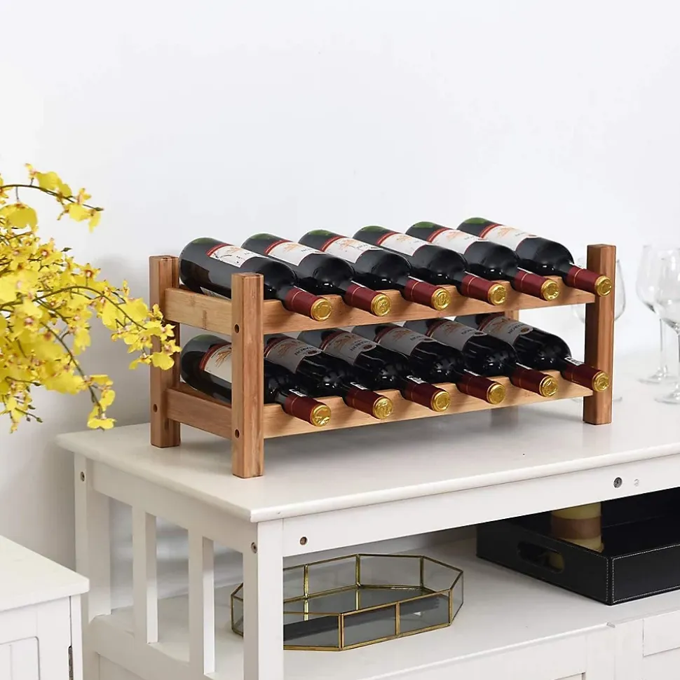 Casier à Vin avec 12 Bouteilles étagère à Vin en Bambou Armoire de Rangement pour à Vin 12 Bouteilles avec 2 Niveaux Naturel