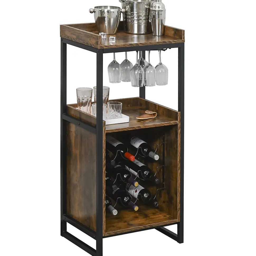 Casier à vin design industriel étagère à bouteilles 9 bouteilles support verres à vin intégré métal noir aspect vieux bois veinage