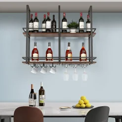 Casier à vin suspendu Hubro métal 100 x 30 x 85 cm noir effet noyer en.casa
