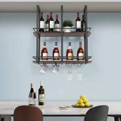 Casier à vin suspendu Hubro métal 80 x 30 x 85 cm noir effet noyer en.casa