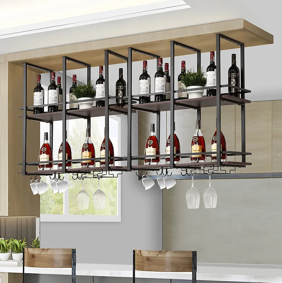 Casier à vin suspendu Hubro métal 80 x 30 x 85 cm noir effet noyer en.casa