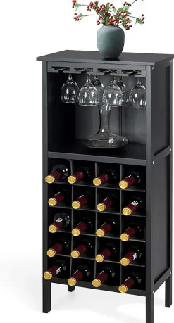 Casier a Vin avec 20 Emplacements et Porte gobelet Etagere a Bouteille en Pin pour Cave Noir