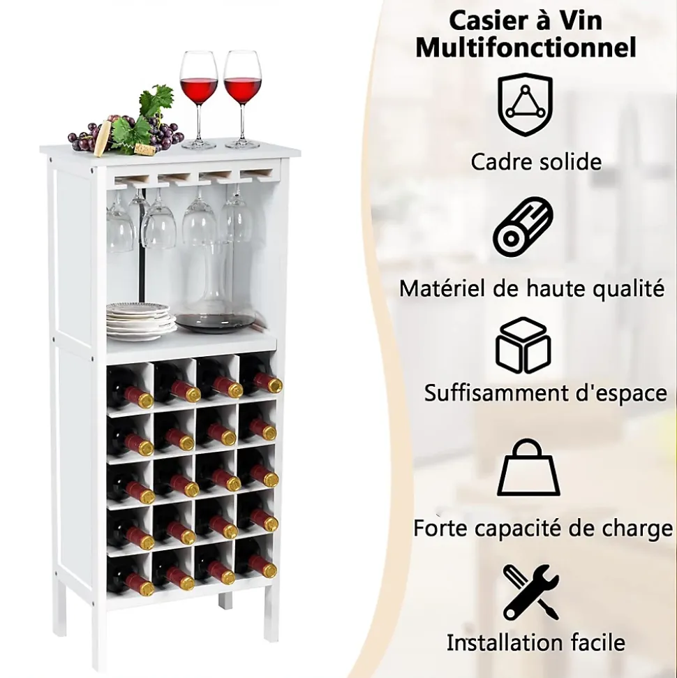 Casier a Vin avec 20 Emplacements et Porte gobelet Etagere a Bouteille en Pin pour Cave Collier Cuisine Blanc