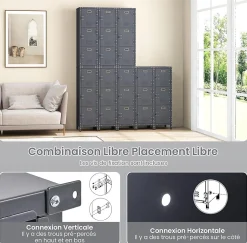 Casier en Métal à 3 Portes Verrouillables Armoire de Rangement 3 Etagères Verticale Empilable Casier Vestiaire College
