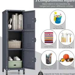 Casier en Métal à 3 Portes Verrouillables Armoire de Rangement 3 Etagères Verticale Empilable Casier Vestiaire College