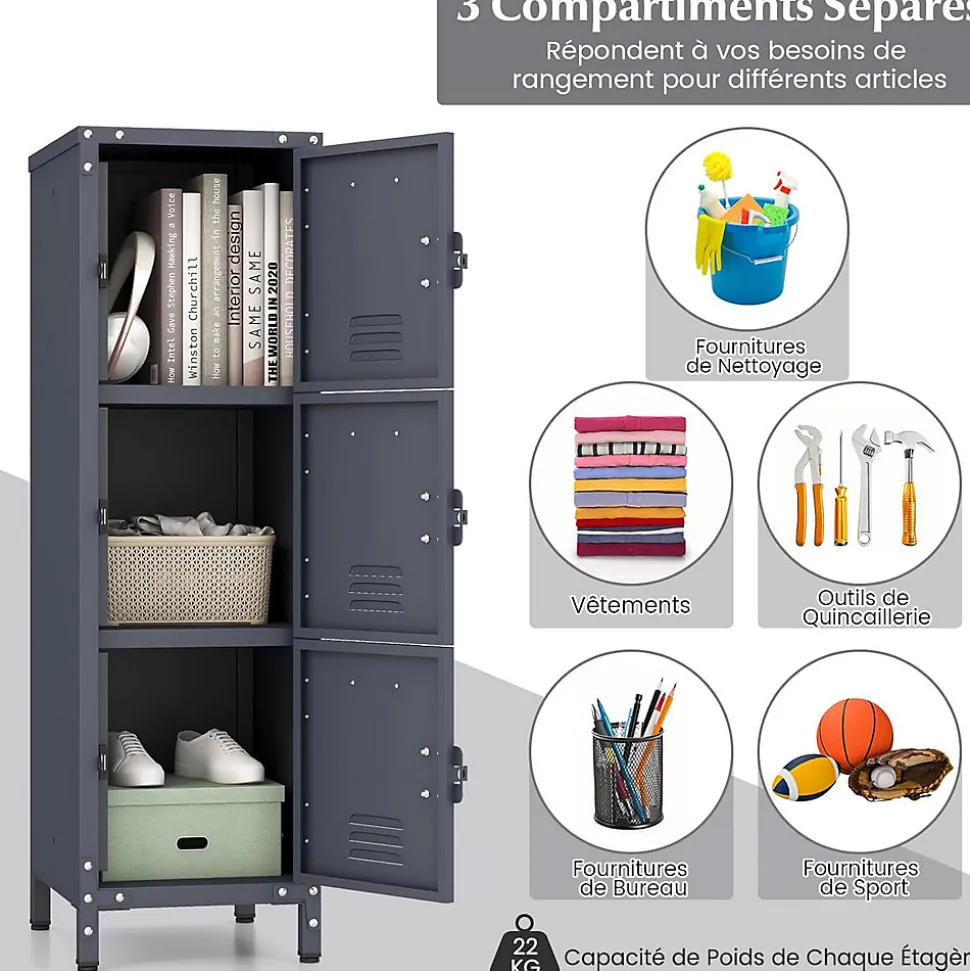Casier en Métal à 3 Portes Verrouillables Armoire de Rangement 3 Etagères Verticale Empilable Casier Vestiaire College