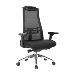 Chaise à roulettes Bascape, Fauteuil de direction en maille avec accoudoirs, Siège de bureau ergonomique, 71x69h110/118 cm, Noir