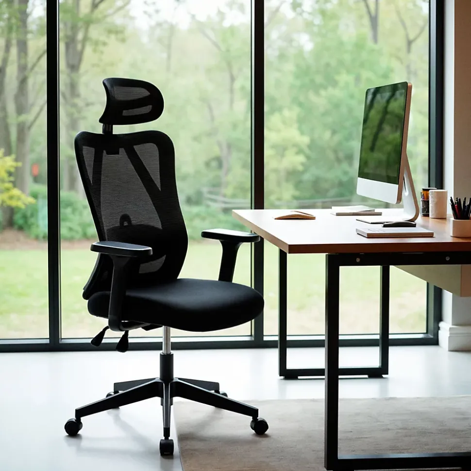 Chaise bureau Elisha, ergonomique avec soutien lombaire, ajustable en hauteur, pivotante, revêtement mesh respirant Noir