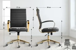 Chaise bureau ergonomique cuir synthétique Havanna, réglable hauteur, piètement doré, pivotant à 360 degrés Noir