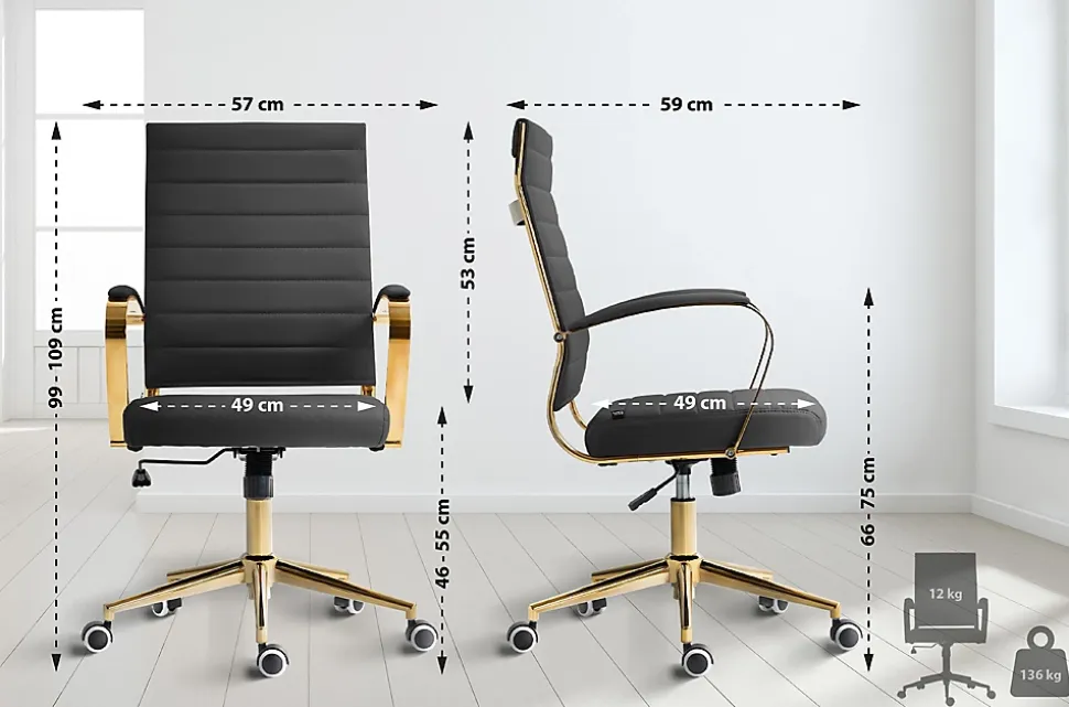 Chaise bureau ergonomique cuir synthétique Havanna, réglable hauteur, piètement doré, pivotant à 360 degrés Noir