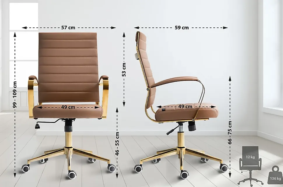 Chaise bureau ergonomique cuir synthétique Havanna, réglable hauteur, piètement doré, pivotant à 360 degrés Marronclair