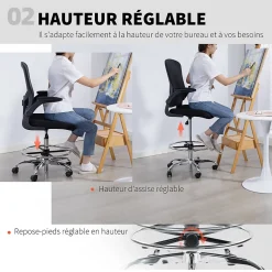 Chaise bureau ergonomique assise haute réglable 53-78cm pivotant accoudoirs relevables noir