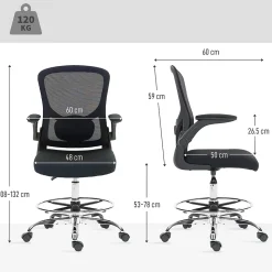 Chaise bureau ergonomique assise haute réglable 53-78cm pivotant accoudoirs relevables noir